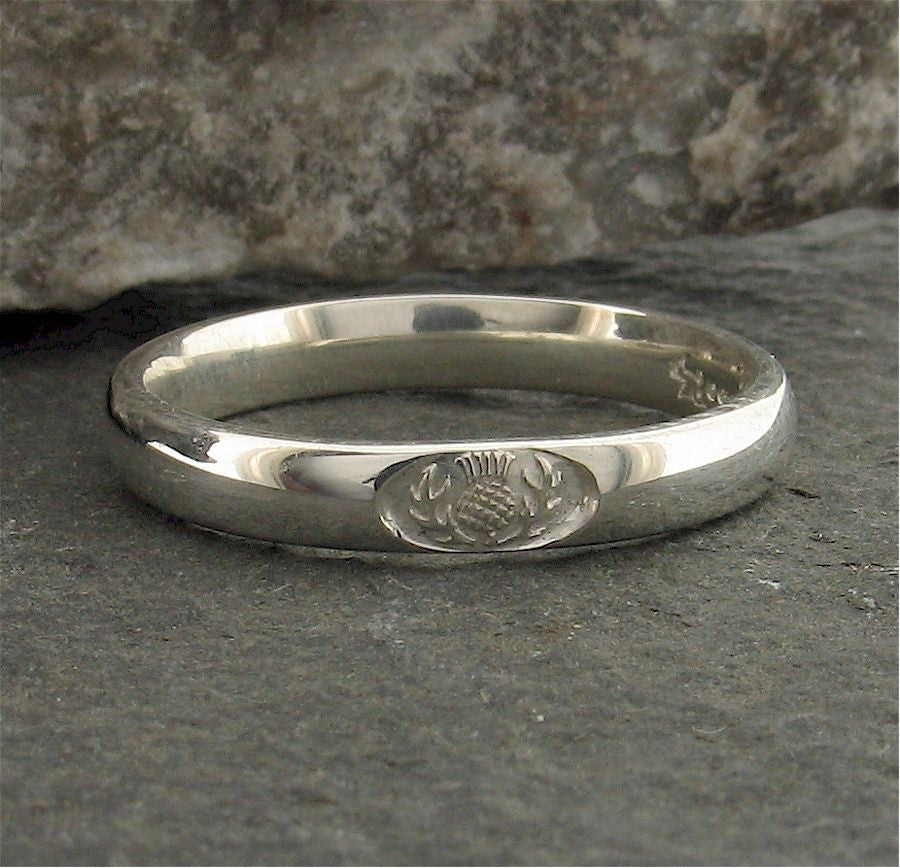 Silver wedding ring 3mm to 4mm Scottish Thistle narrow womens band - Gretna Green Wedding Rings