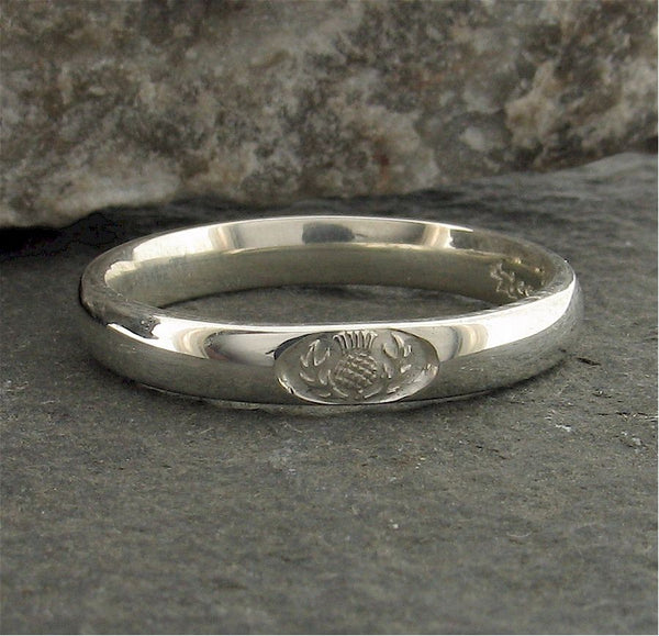 Platinum wedding ring 3mm to 4mm Scottish Thistle narrow band. - Gretna Green Wedding Rings