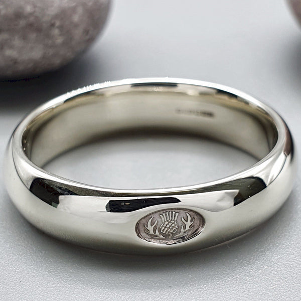 Platinum wedding ring 5mm to 6mm Scottish Thistle medium band. - Gretna Green Wedding Rings