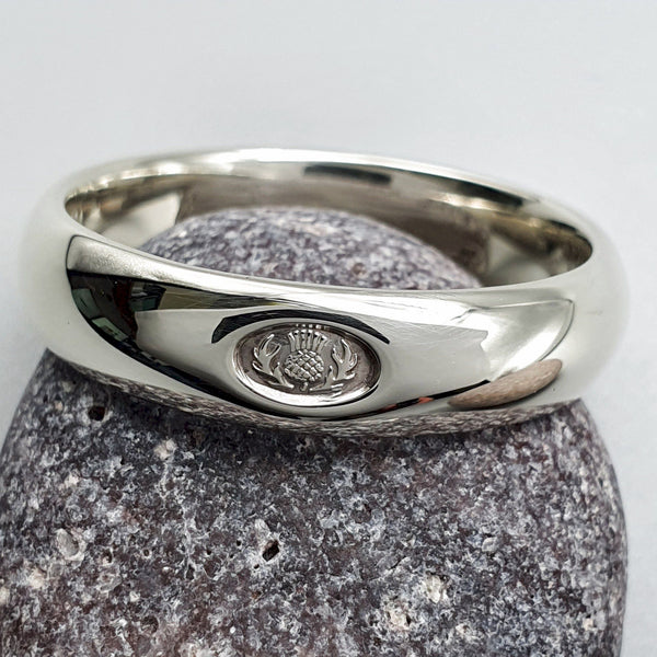 Platinum wedding ring 5mm to 6mm Scottish Thistle medium band. - Gretna Green Wedding Rings
