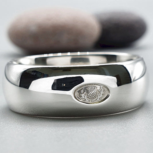 Platinum wedding ring 7mm to 8mm Scottish Thistle wide band. - Gretna Green Wedding Rings