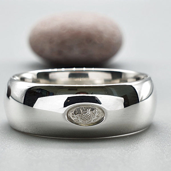 Silver wedding ring 7mm to 8mm Scottish Thistle wide mens band - Gretna Green Wedding Rings