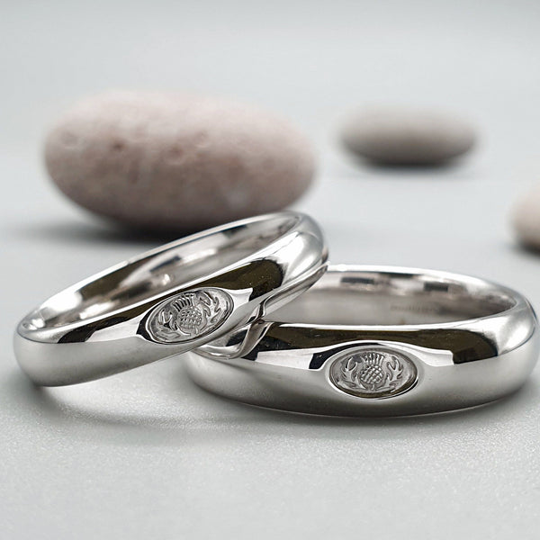 Scottish matching white gold ring set, 4mm and 6mm - Gretna Green Wedding Rings