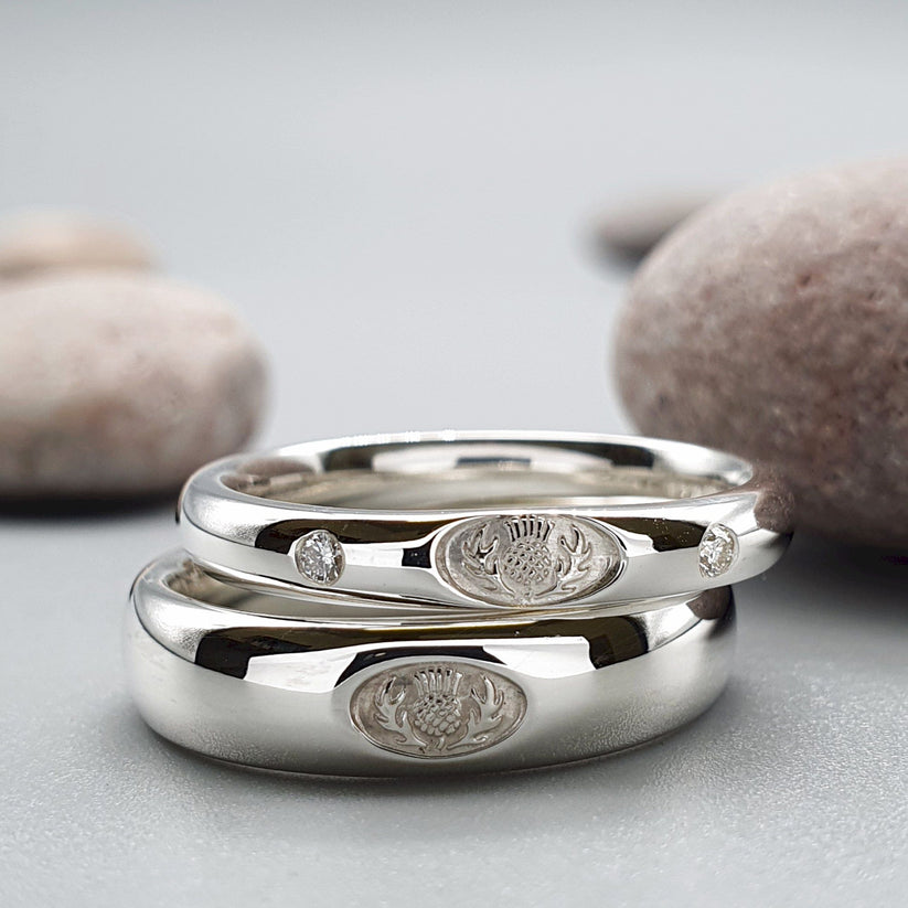 Scottish diamond 3 & 5mm white gold his and her ring set – Gretna Green ...