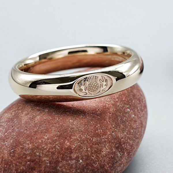 Wedding ring 3mm to 4mm Scottish Thistle yellow gold narrow band. - Gretna Green Wedding Rings