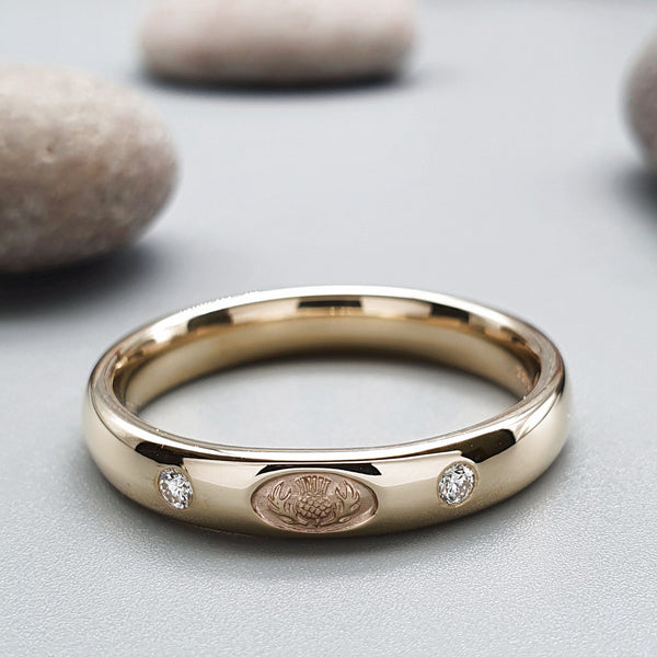 Scottish Thistle diamond set yellow gold narrow band. - Gretna Green Wedding Rings