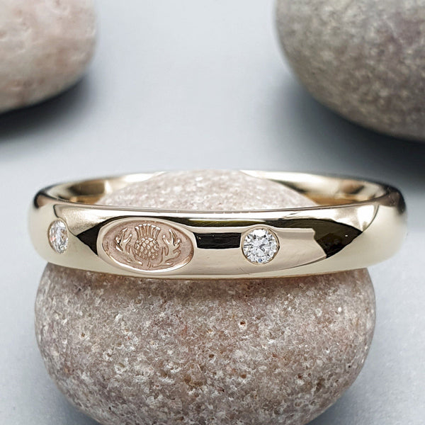 Scottish Thistle diamond set yellow gold narrow band. - Gretna Green Wedding Rings