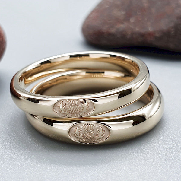 Scottish matching narrow gold ring set, 3mm and 4mm - Gretna Green Wedding Rings
