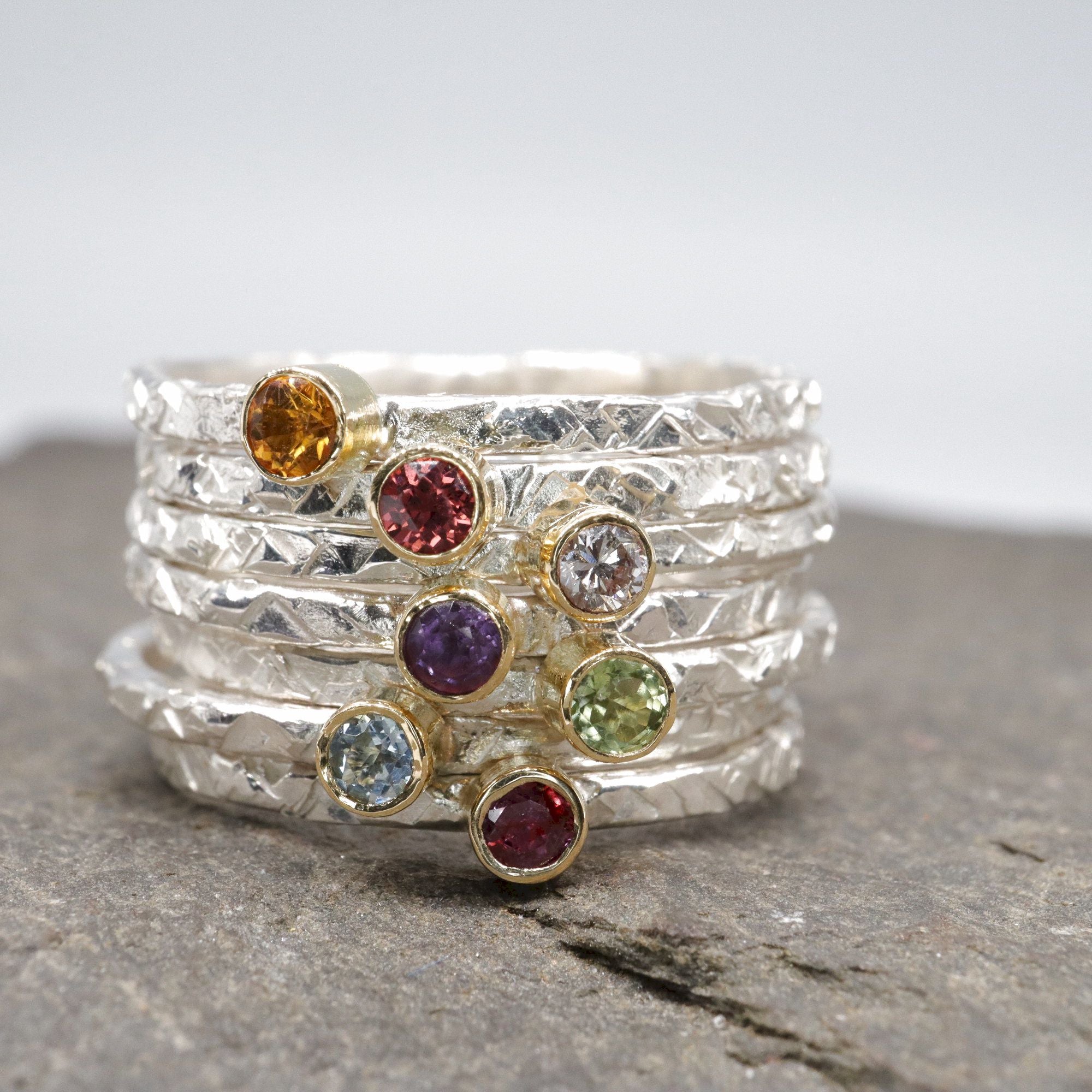 Birthstone stacking rings handmade in 9ct yellow gold and silver ...